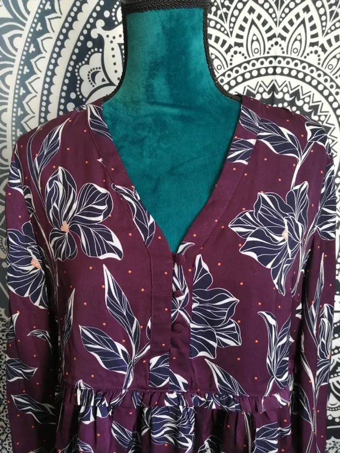 Blouse prune peplum à manches longues motifs fleurs et pois avec boutons / camaïeu / (40) - photo numéro 3
