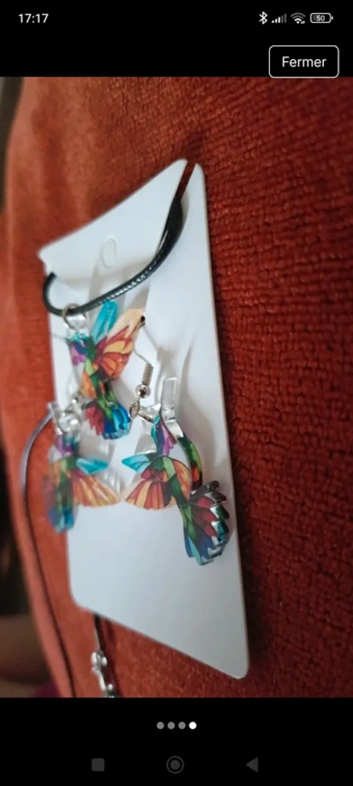 Ensemble boucles d'oreilles oiseaux colibris collier pendentif - photo numéro 3