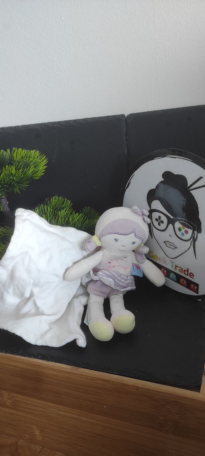 sucre d'orge cajou doudou poupee mouchoir violet vert blanc Couette Peluche