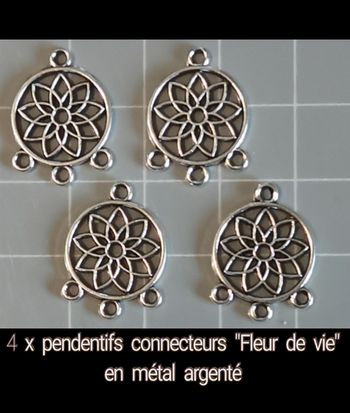 🔗 4 x pendentifs connecteurs "Fleur de vie" en métal argenté