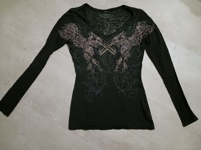 top fin manches longues noir dessins et strass et dessins dans le dos Taille unique - photo numéro 2