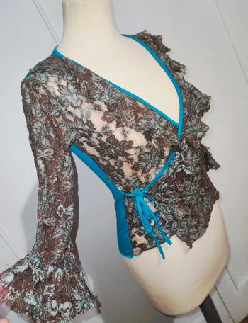 💎haut blouse cache coeur femme dentelle marron et bleu turquoise t xs 34 S 36