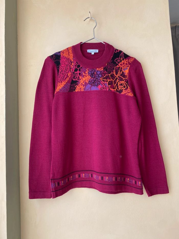 Pull col cheminée fuchsia motifs fleurs vintage T0 - photo numéro 5