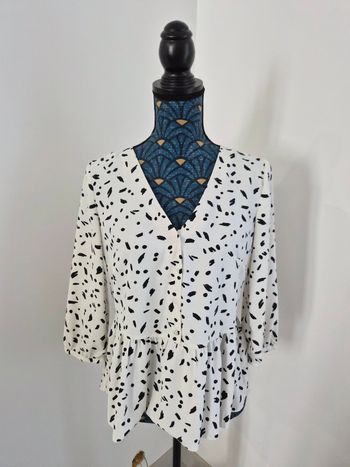 Chemisier blanc tacheté noir manches 3/4, Etam, taille 38.