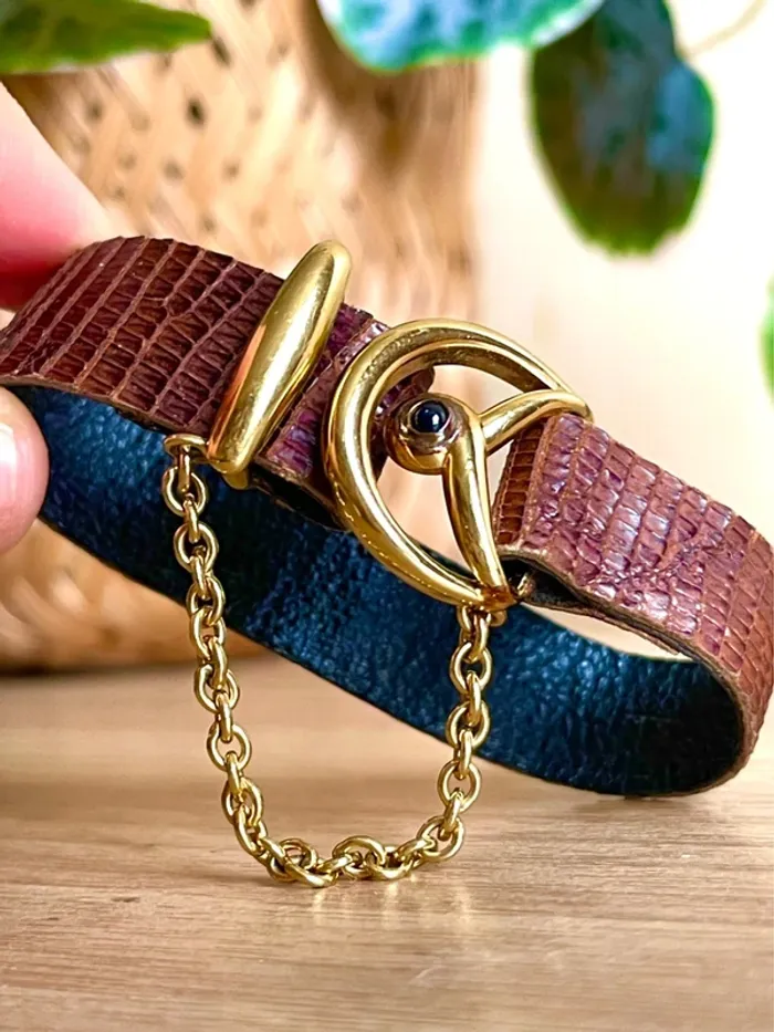 sublime Bracelet cuir lezard marron boucle metal dore avec chaine - photo numéro 2