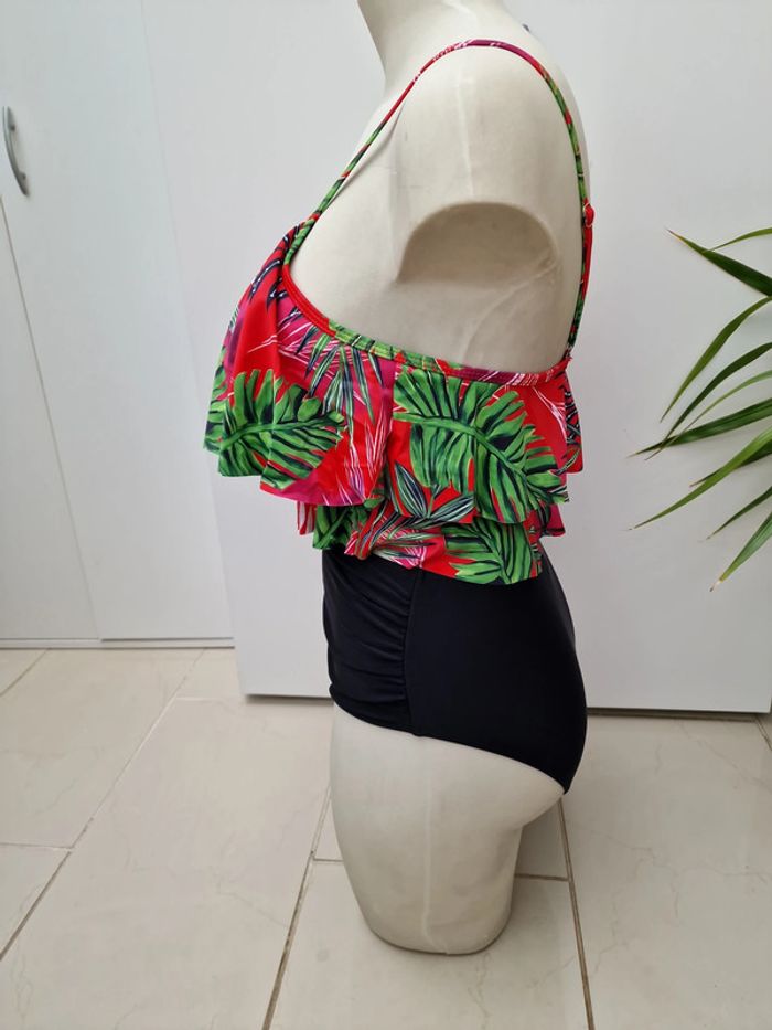 Tankini Taille Haute Maillot De Bain 2 Pieces Jungle Noir Rouge Rose Vert Volants Taille XL 44 - photo numéro 8