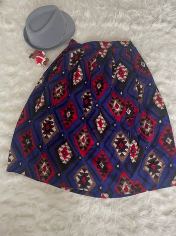 Jupe vintage Caroline Rohmer Paris – laine 90% – motif ikat bleu et rouge