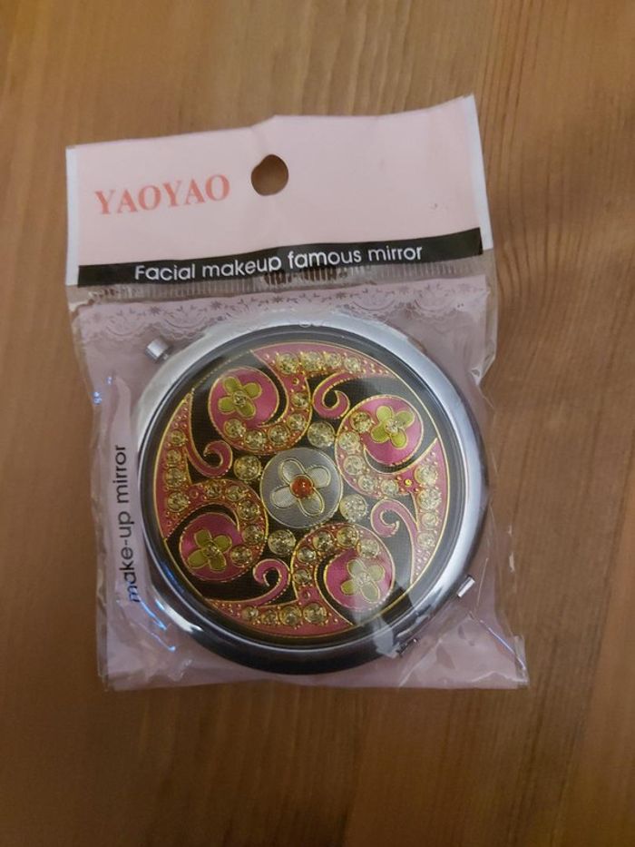 Miroir de sac rose doré noir neuf