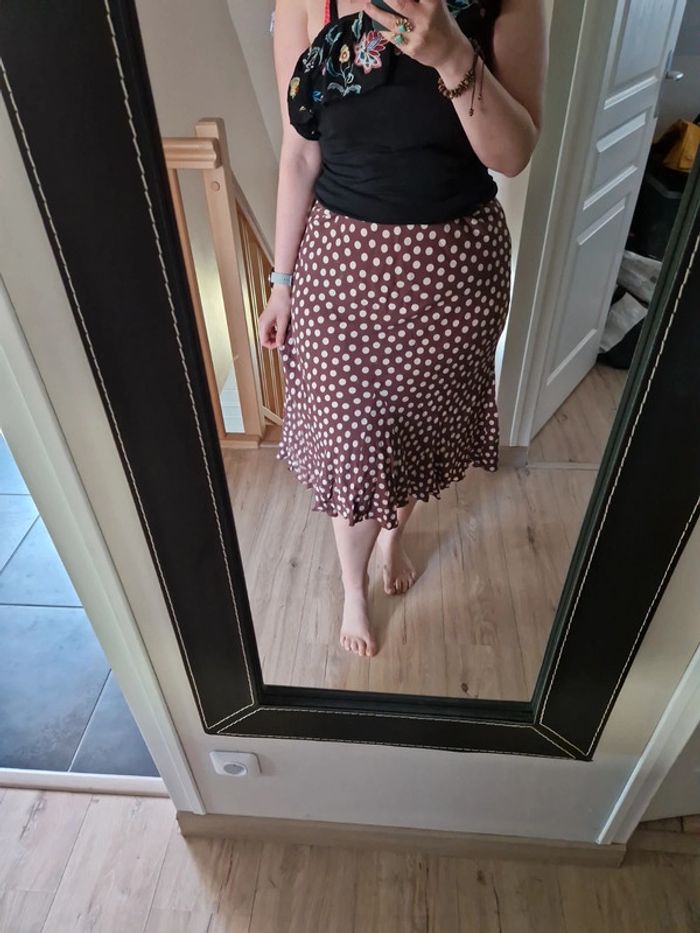 Jupe midi per una pois marron beige taille 46 - photo numéro 3