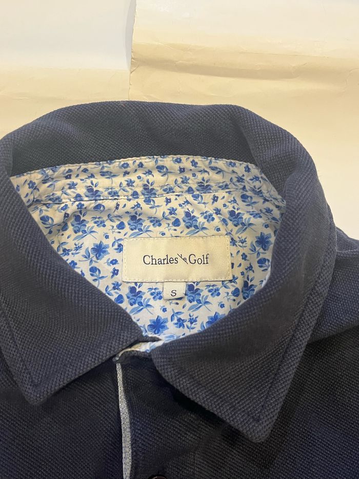 Polo manches longues bleu marine motif fleuri blanc charles le golf taille S - photo numéro 2