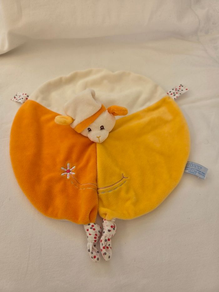 Doudou mouton / agneau  rond plat orange et jaune- Gipsy