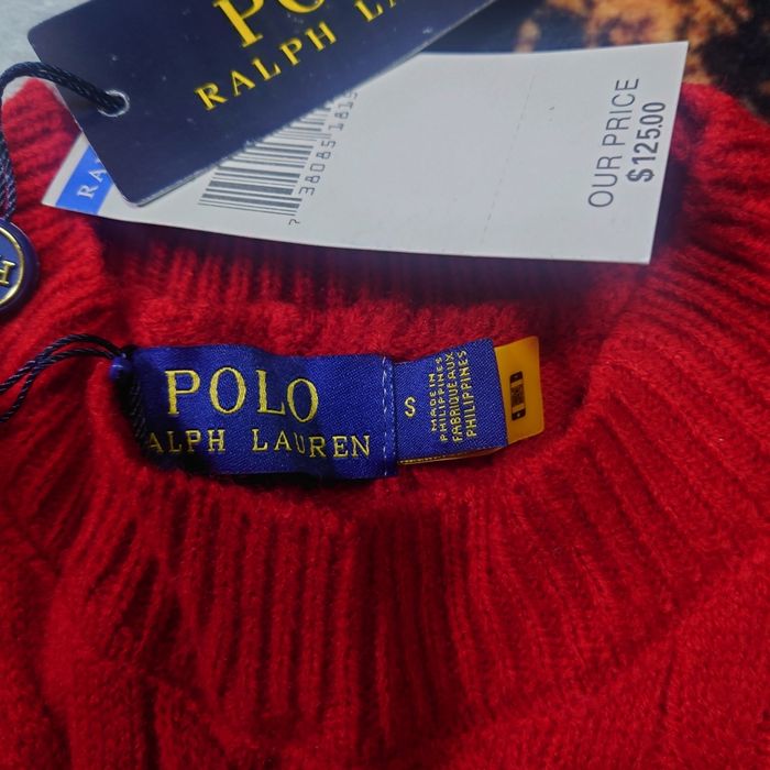 Pull torsadé col rond Polo Ralph Lauren rouge taille S logo brodé jaune - photo numéro 3
