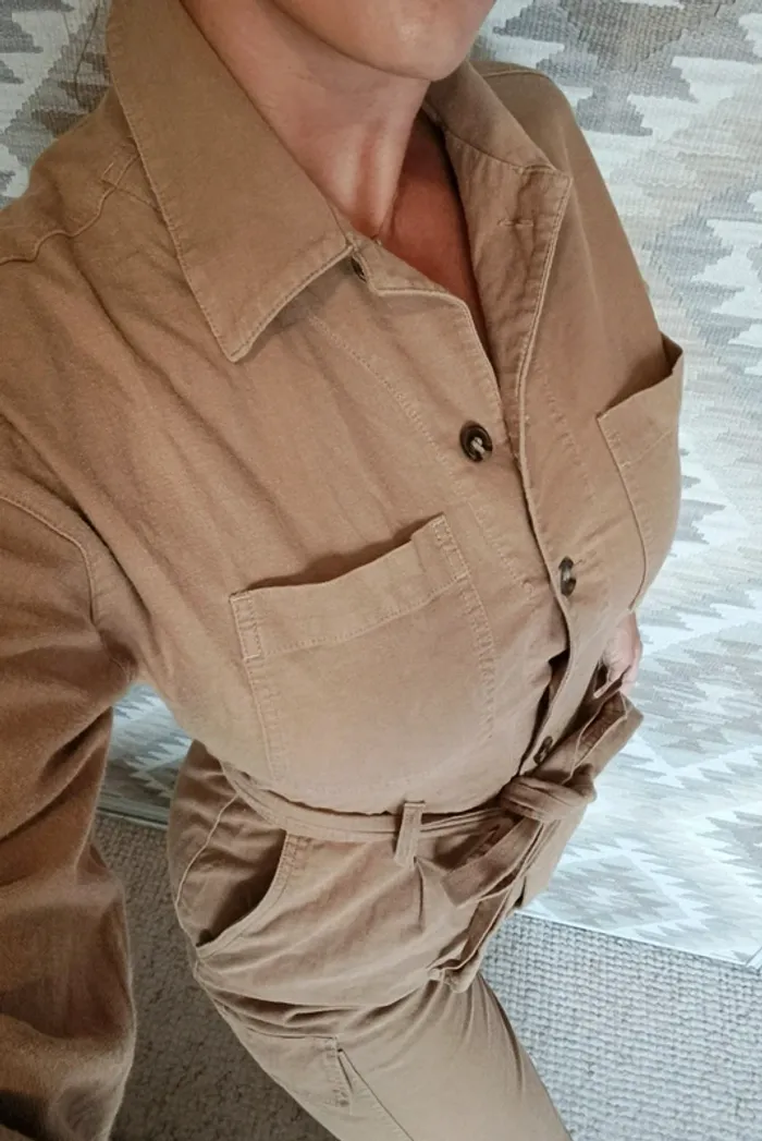 Combinaison H&M 36 beige marron ceinture assortie coton élasthanne - photo numéro 4