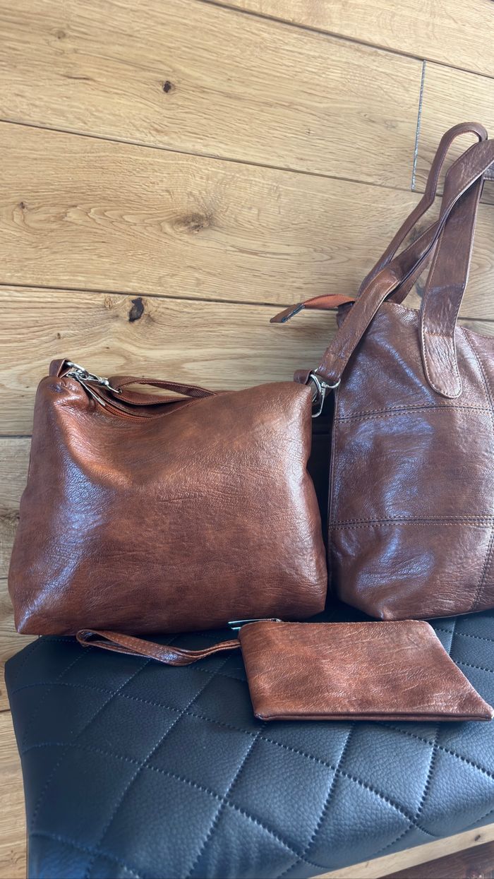 Lot de 3 sacs femme marron élégant – cabas, bandoulière et pochette assortie en similicuir neuf - photo numéro 4