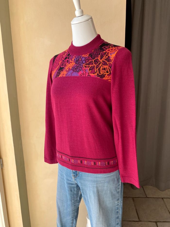 Pull col cheminée fuchsia motifs fleurs vintage T0 - photo numéro 2