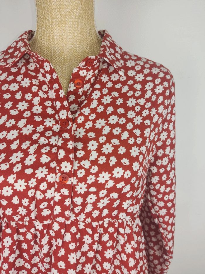 Robe mi-longue manches longues col chemise motif fleuri blanc et terracotta taille 38 Anna Karel - photo numéro 4