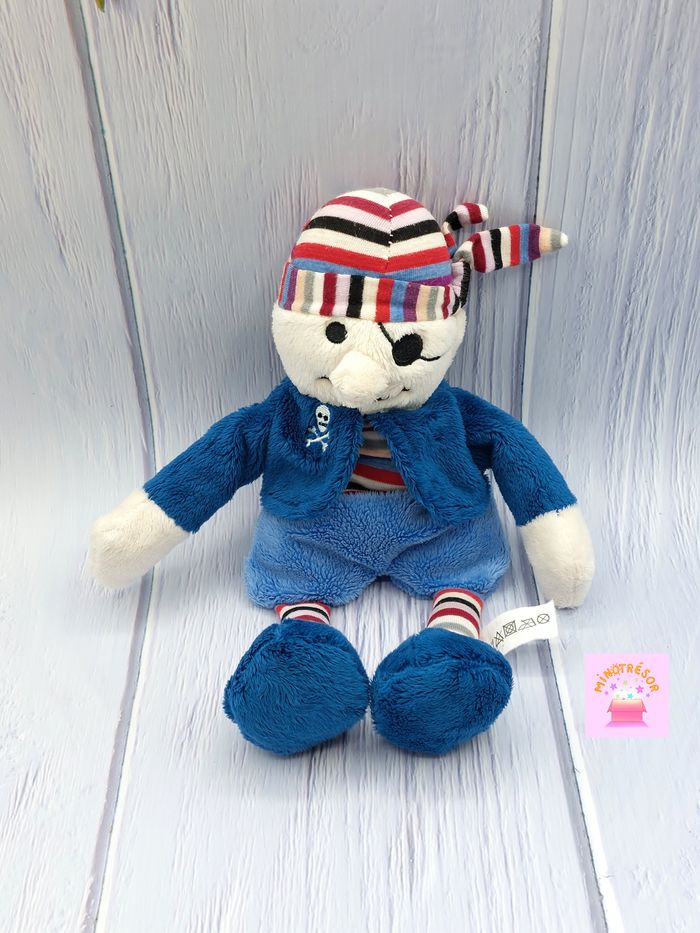 Peluche doudou pirate blanc bleu Best Price London LIDL rayures 31 cm tête mort