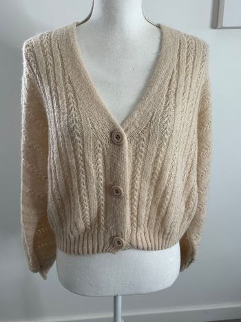 Cardigan oversize en maille torsades beige crème Vintage T44 XXL