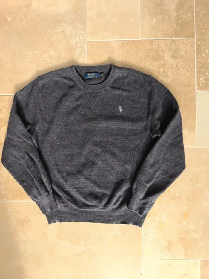 Pull col rond gris foncé chiné logo blanc Polo Ralph Lauren S - photo numéro 2