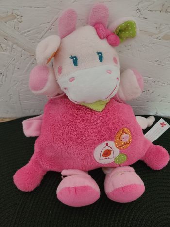 NICOTOY Doudou plat vache rose foulard vert oiseau