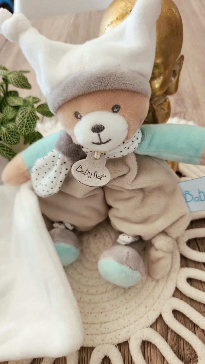 Doudou Lange Ours Baby Nat Turquoise Blanc - photo numéro 2