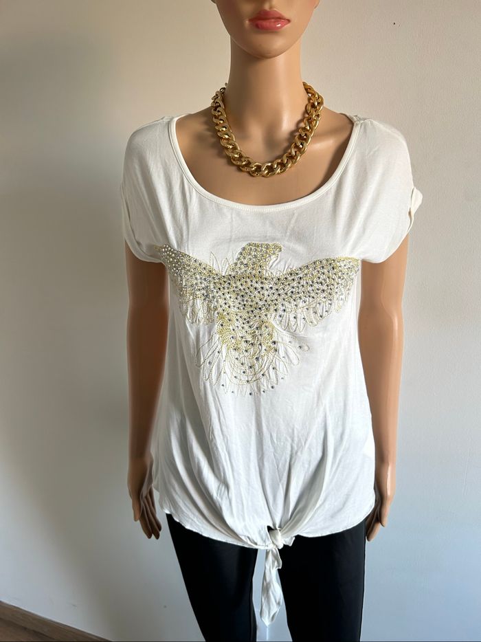 Teeshirt blanc écru neuf avec strass Morgan taille XS (valeur 35€)
