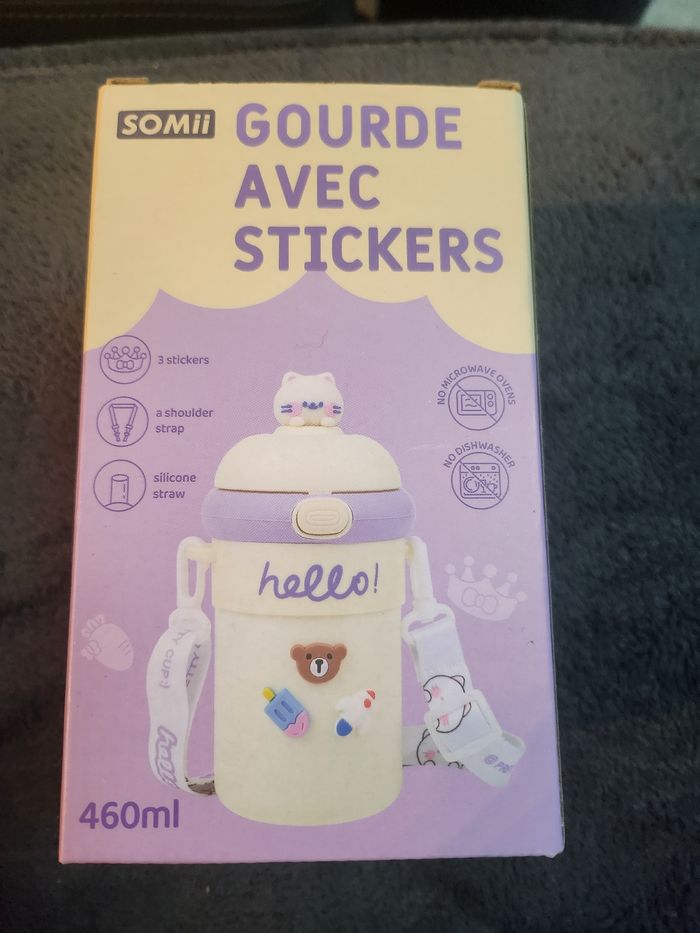 Gourde enfant blanche et mauve avec stickers 460 ml neuve - photo numéro 2