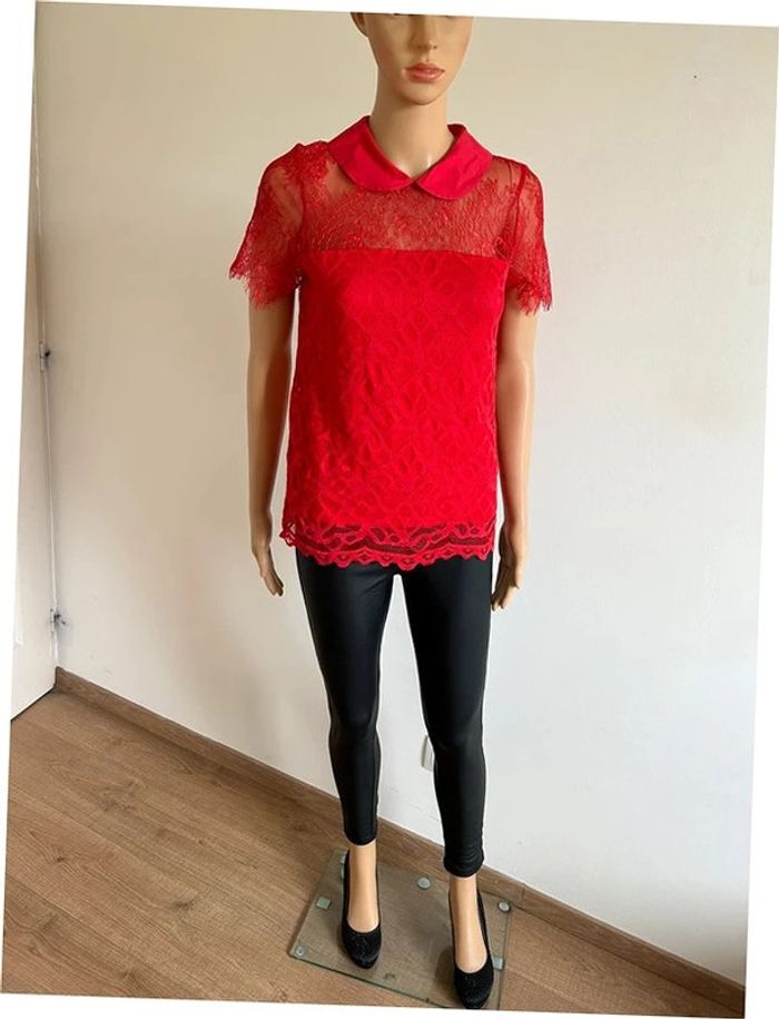 Haut rouge en dentelle à manches courtes Morgan taille S jamais porté - photo numéro 3
