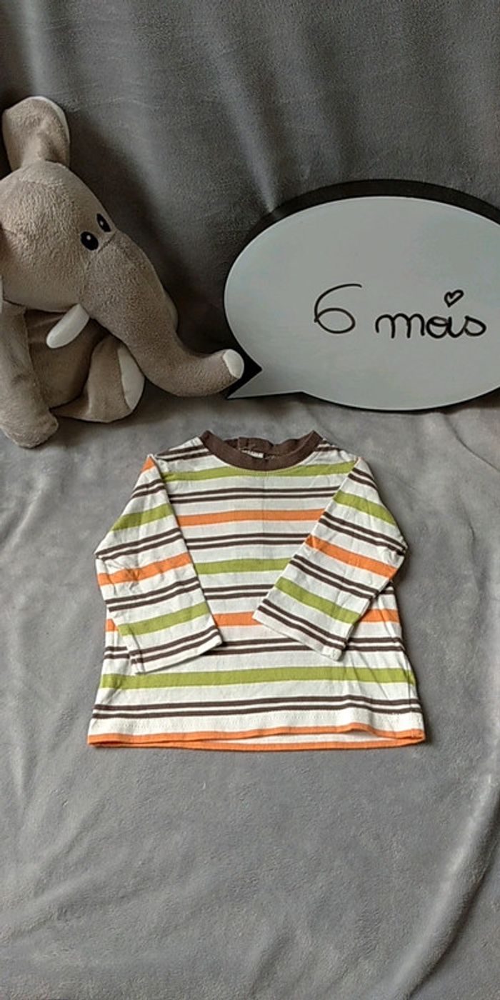 Tee shirt manches longues rayé marron vert orange Garçon 6 mois 100% coton