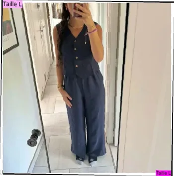 Ensemble Femme Deux Pièces Bleu Marine Gilet Pantalon - Taille L Neuf Jamais Porté