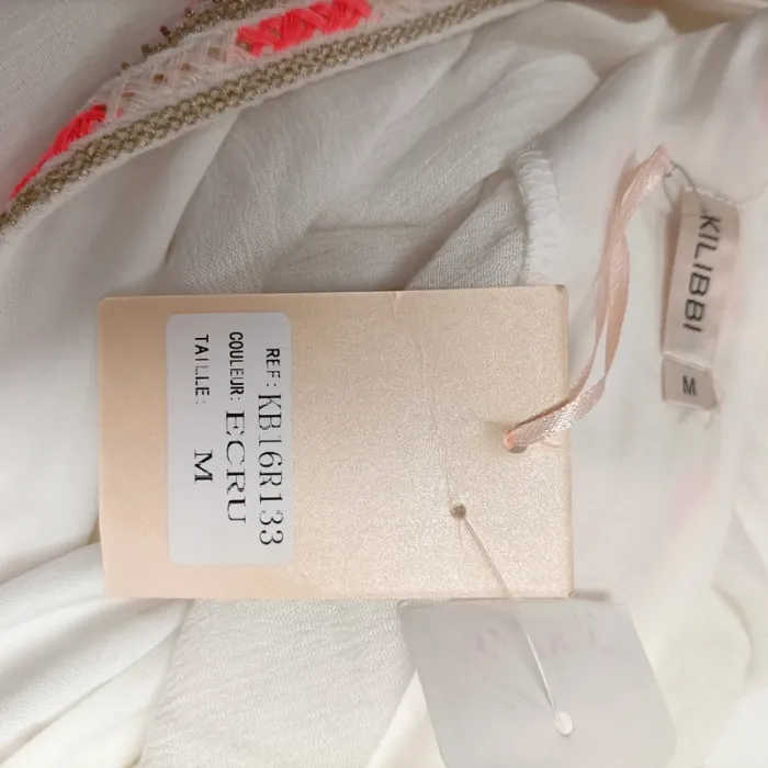 Tunique blanche Kilibbi col brodé rose fluo T.M 100 % viscose fluide été bohème A1265 - photo numéro 13