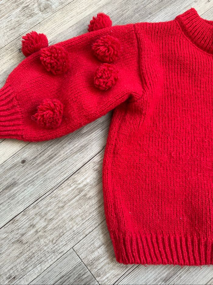 Pull rouge manche pompons 3 ans fille - photo numéro 3