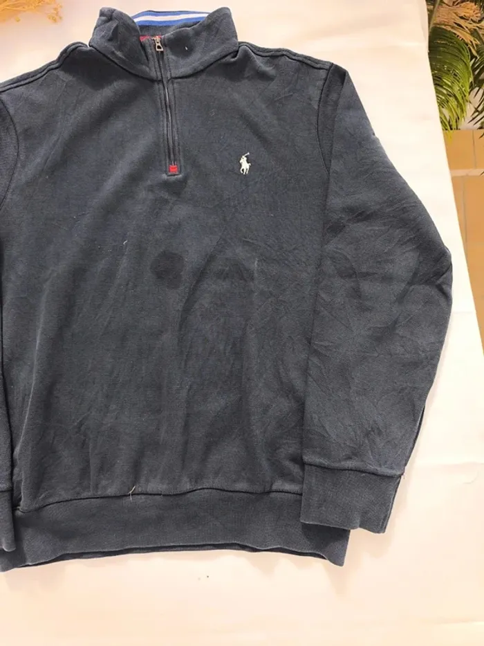 Sweat 1/4 zippé bleu marine logo blanc grosse tâche devant taille M Ralph Lauren homme - photo numéro 4