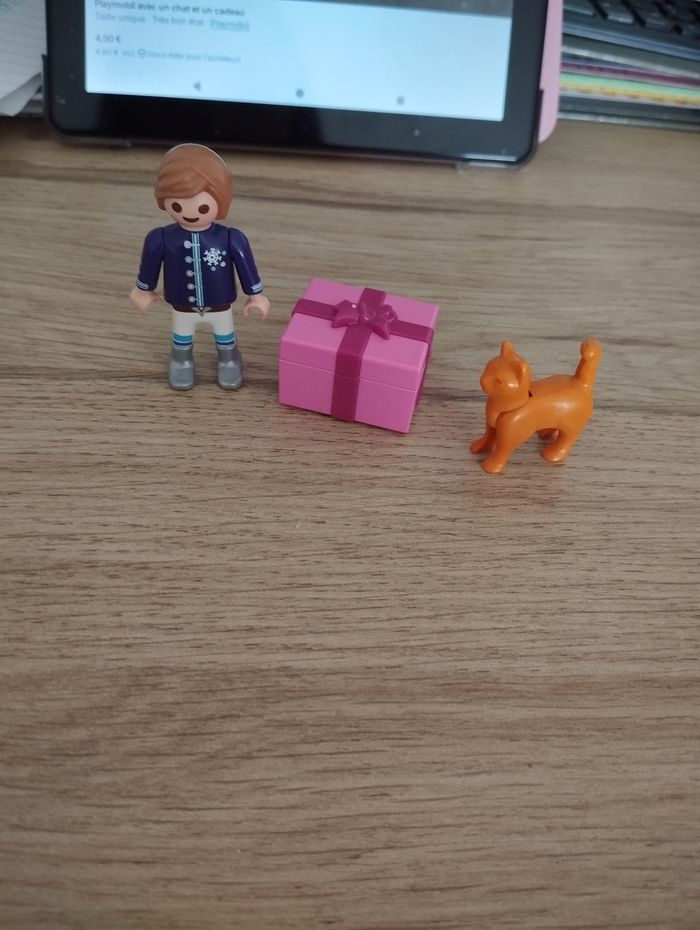 Playmobil avec un chat et un cadeau