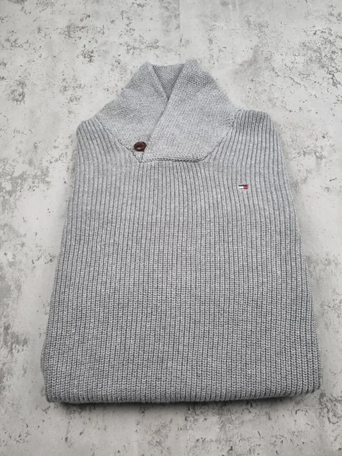 Pull col châle Tommy Hilfiger gris – Taille M Homme (mesures en photos) - photo numéro 2
