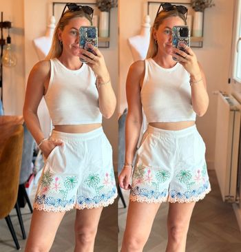 Short blanc brodé – Palmiers & coquillages colorés taille 36 Promod