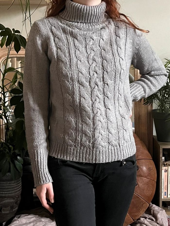 Pull d’hiver col roulé en maille avec motifs - gris clair - photo numéro 5