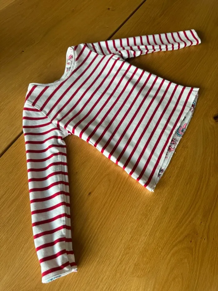 Teeshirt ML réversible un côté fond blanc oiseaux et fleurs, l’autre marinière - Taille 4 Ans - photo numéro 10