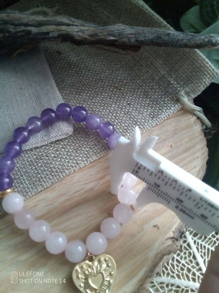 Bracelet quartz rose et améthyste et coeur en acier inoxydable - photo numéro 2
