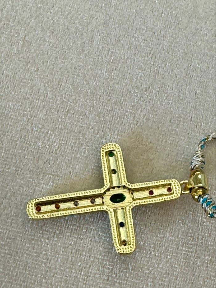 Collier cordons tressé croix xl acier inoxydable or résine turquoise cristaux habaha Paris - photo numéro 6