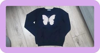 Pull fin h&m 134/140 cm noir papillons séquins réversibles état neuf