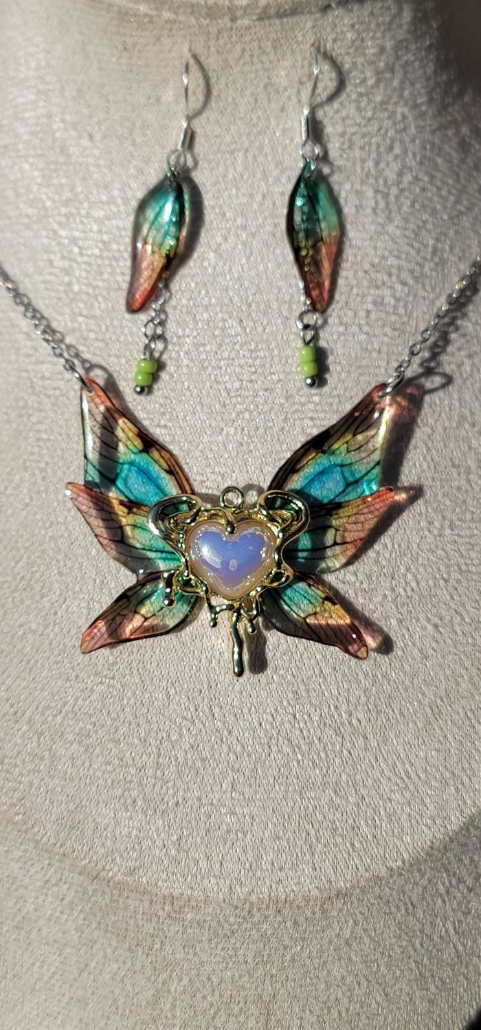 Parure elfique ensemble collier et boucles d'oreilles en argent aile de fée papillon - photo numéro 3