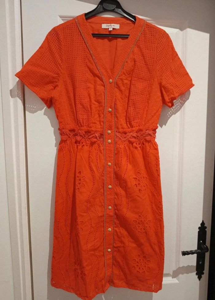 🔝 Robe d'été avec motifs fleurs et crochet Derhy K orange et dorée taille L 40 en coton et polyester