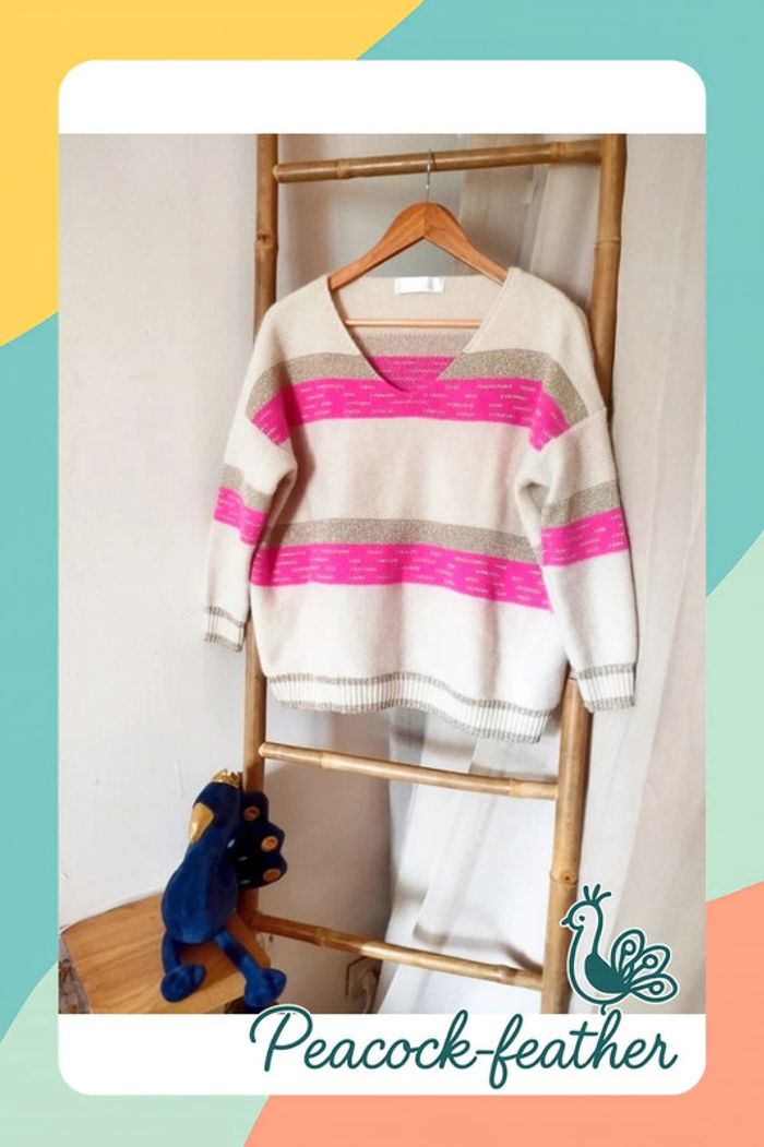 Pull rayé beige rose doré TU