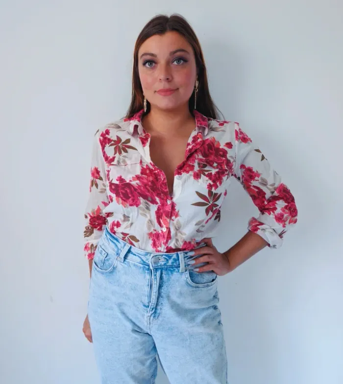 Chemise légère en coton blanche à fleurs roses Jacqueline Riu Taille 38 - photo numéro 3
