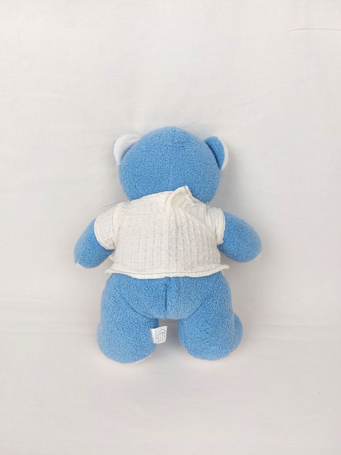 Ancien doudou peluche ours bleu Musti 25 cm tee-shirt blanc collerette Mustela - photo numéro 2