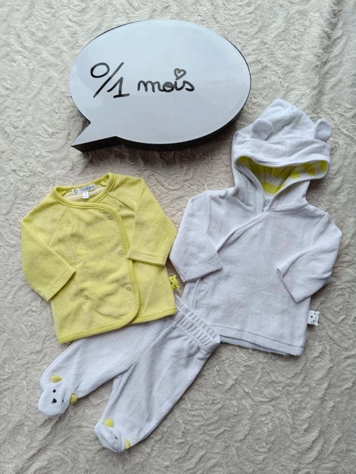 Ensemble (pyjama velours 2 pièces avec pieds 0mois/gilet velours avec capuche 1mois) Ours Kitchoun