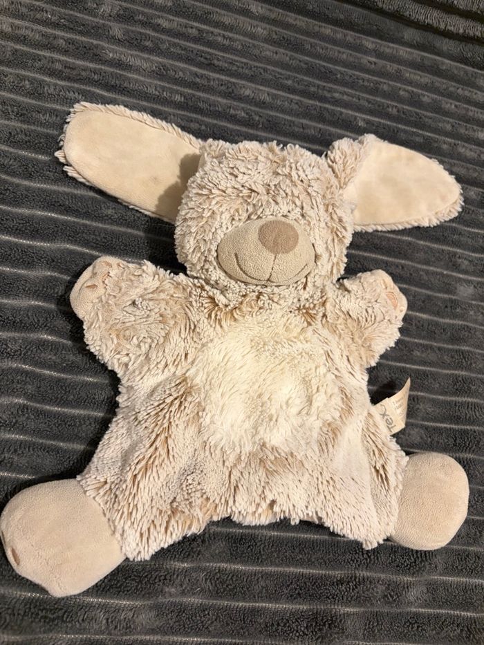 Doudou marionnette lapin beige blanc empreintes TEX - photo numéro 1