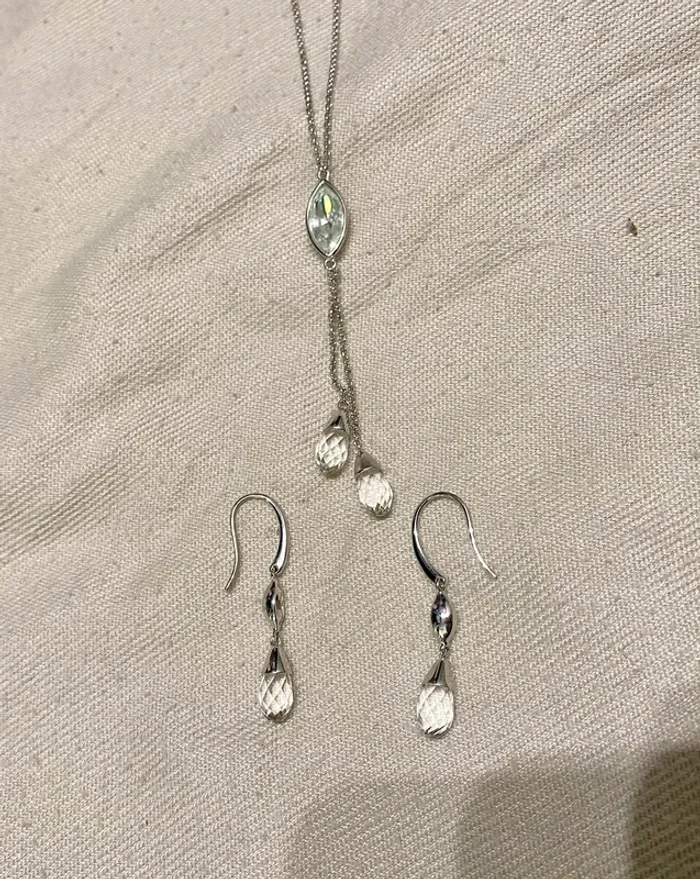 Parure de bijoux Histoire d’Or en argent boucles oreilles et collier sautoir gouttes cristal