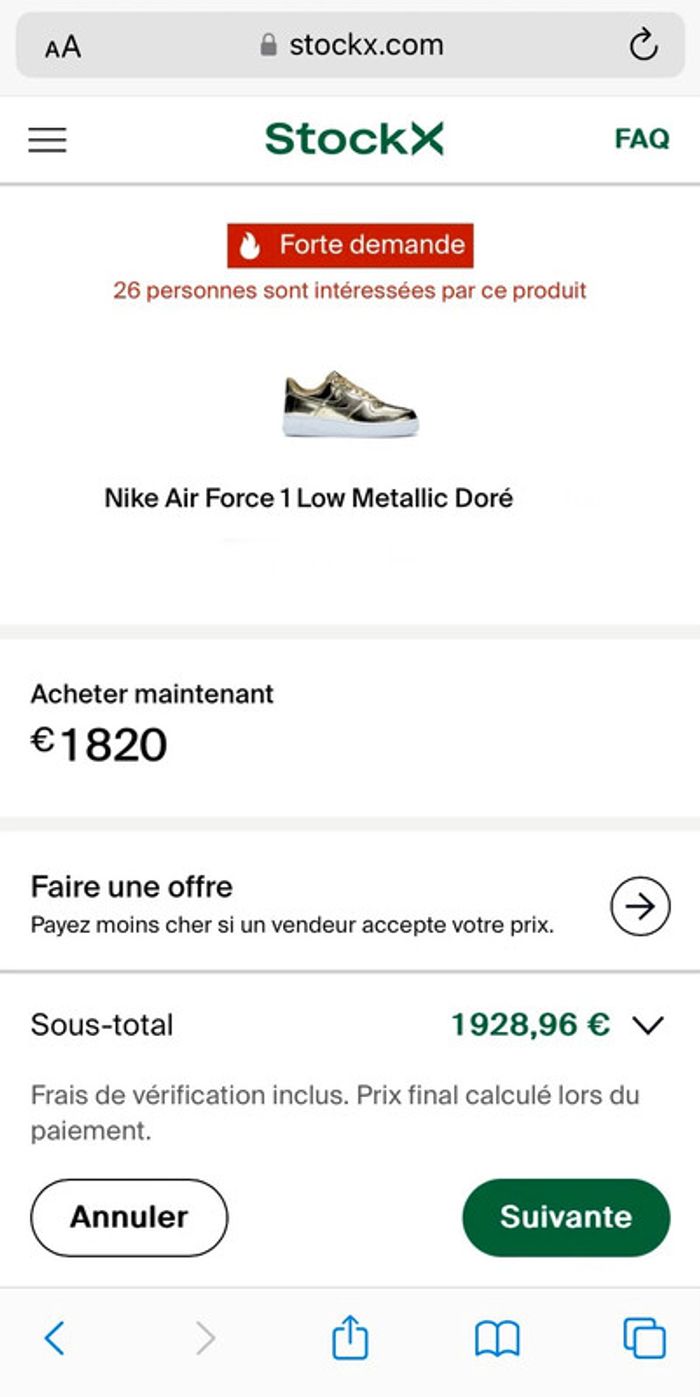 Magnifique baskets Nike Air Force 1 Gold Metallic  | Sneakers collector en 42,5 - photo numéro 2